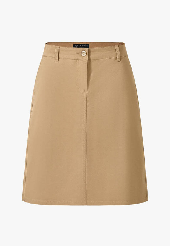 PILBARA WOMENS DAPHNE CHINO A-LINE SKIRT | CARAMEL
