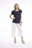 ORIENTIQUE | Linen Blend Top Rolled Neckline | NAVY