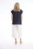 ORIENTIQUE | Linen Blend Top Rolled Neckline | NAVY