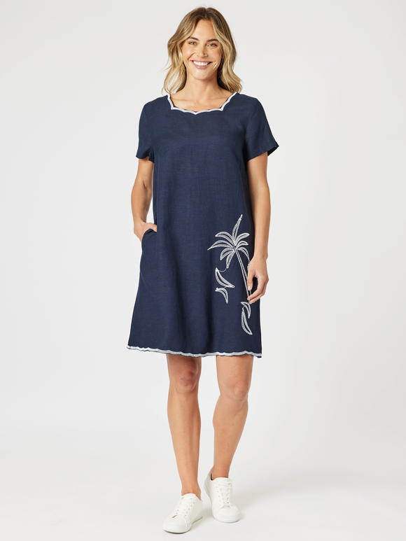 GORDON SMITH PALM EMBROIDED DRESS | NAVY - 48285