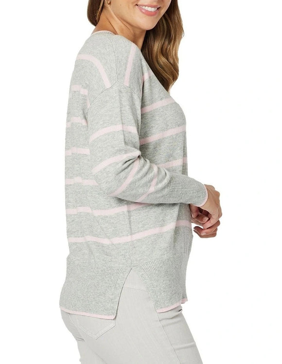 Mosman Stripe Crew Neck Jumper in Silver