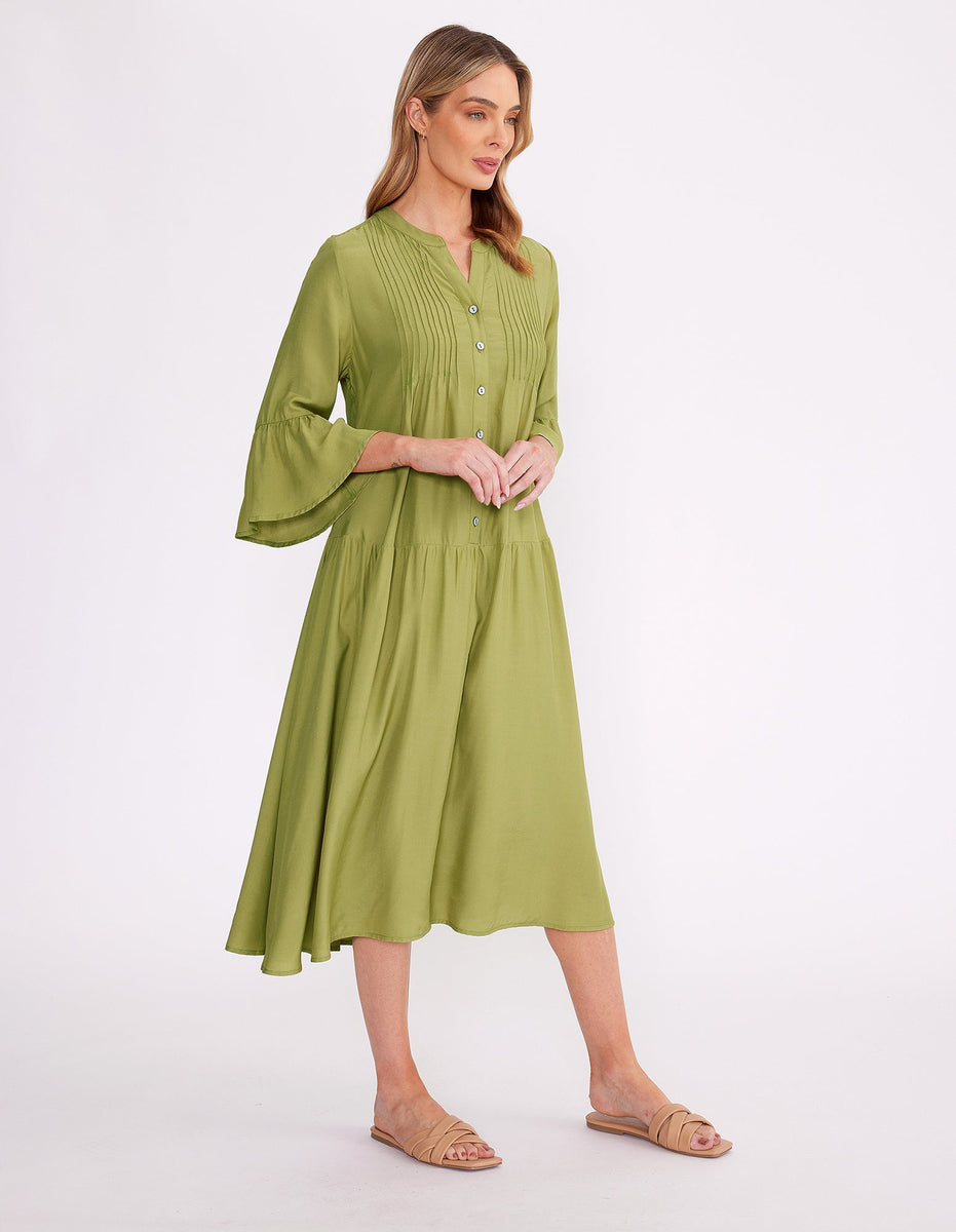 Yarra Trail Pintuck Dress OLIVINE – Burton's Clothing Co.