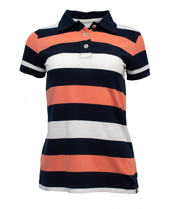 Pilbara Ladies Striped Polo Shirt | Grapefruit-Navy-White