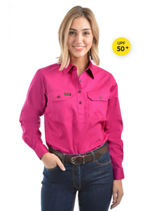 HARD SLOG Half Placket Light Cotton Shirt L/S | Bright Pink