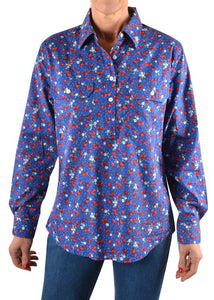 HARD SLOG Drew Half Placket Shirt L/S | Blue Cherry Print